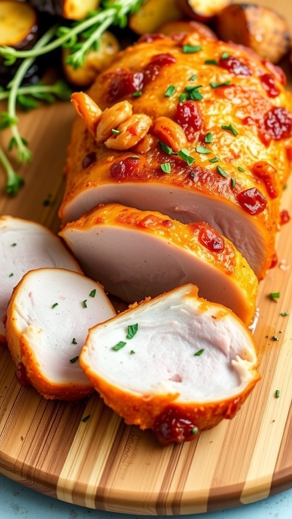 Air Fryer Pork Loin Recipe Sliced air fryer pork loin on a cutting board with roasted vegetables.